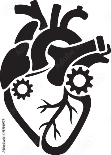 Black and white illustration of a human heart with gears integrated into its design on a white background
