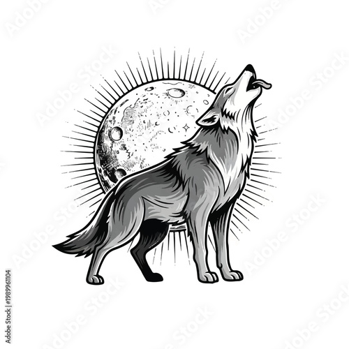 Wolf howling at full moon night.