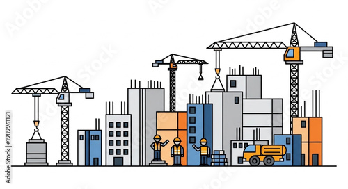 Construction Site With Cranes And Buildings Under Development.