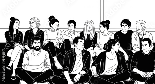 Diverse group of young adults sitting together in a casual setting.
