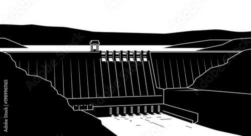 Massive Concrete Dam Structure Holding Back Water Reservoir Landscape.