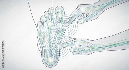 Anatomical illustration of human foot and ankle bones with pain points.