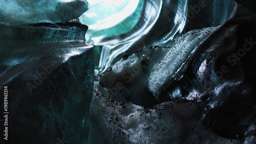 Cuadro en lienzo Blue ice blocks inside crevasse with covered frost in iceland, vatnajokull glacier mass with crashed transparent icy rocks