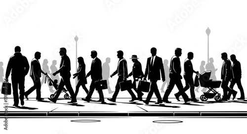 Diverse group of people walking on a city sidewalk in silhouette.