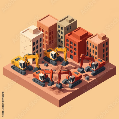 Construction site with excavators and buildings isometric view.