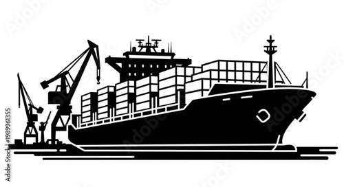 Cargo ship at port with cranes loading containers.