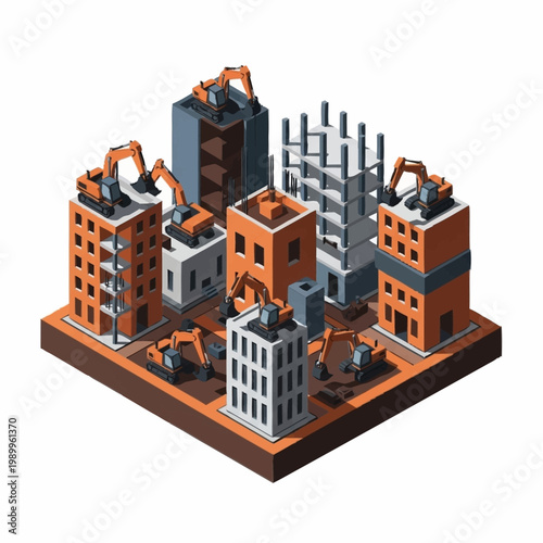 Isometric construction site with buildings and excavators.