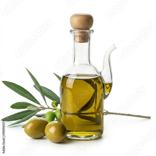 Glass bottle of olive oil with olives and leaves on white