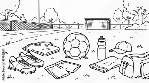 Assorted soccer equipment and apparel laid out on a field with a goal, ready for an energetic game or practice