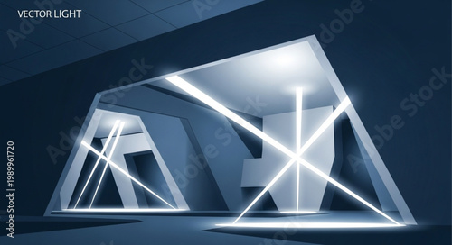 Futuristic Geometric Structure with Neon Light Beams.