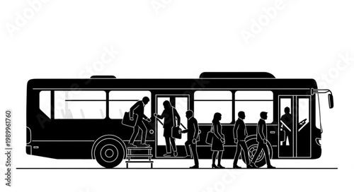 People Boarding Public Transportation Bus Silhouette.
