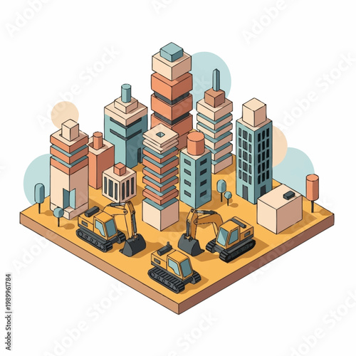 Construction site with miniature buildings and excavators isometric view.