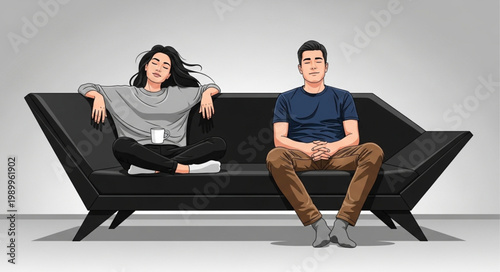 Couple Sitting Apart on Modern Black Sofa.