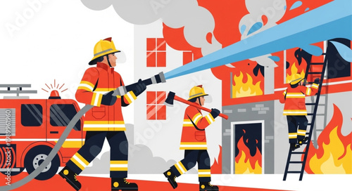 Firefighters battling a house fire with a fire truck.