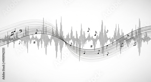 Abstract Music Waveform with Musical Notes and Staff Lines.