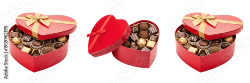 Set and collection of open red heart chocolate box isolated on white transparent png background