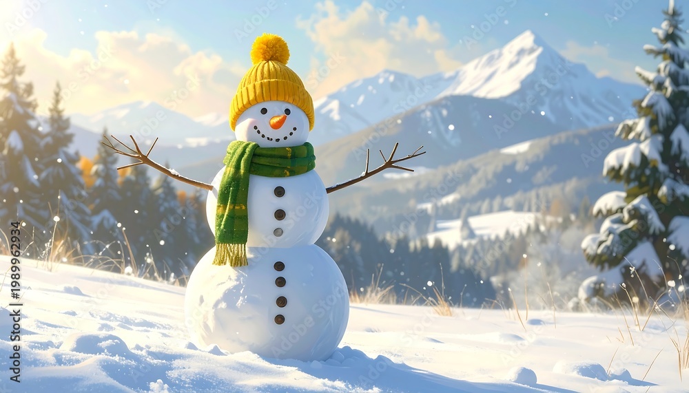 Obraz premium A whimsical snowman stands in a snowy landscape with a hat, scarf, and twig arms. Mountains and trees form the backdrop