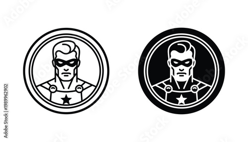 Superhero portrait icon set featuring masked hero in circular frame for comic book or entertainment branding