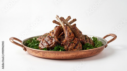 Grilled lamb chops in a copper pan with parsley on a white background