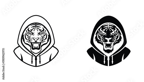 Fierce tiger head wearing hoodie icon set in minimalist black and white style for urban streetwear branding