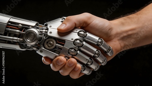 Human hand shaking with robotic arm