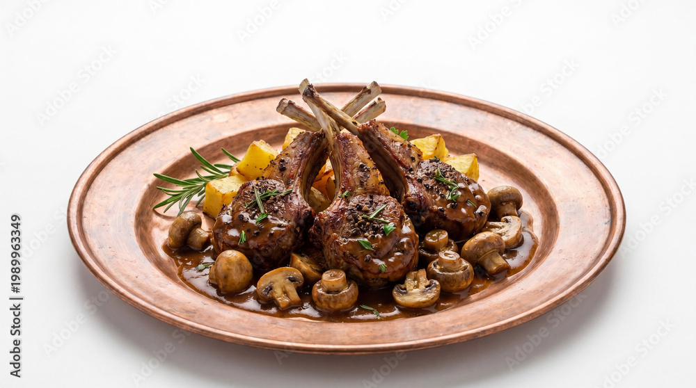 Fototapeta premium Delicious lamb chops on a copper plate with mushrooms and potatoes, isolated on white background