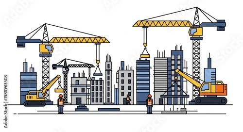 Construction site with cranes and buildings under development.