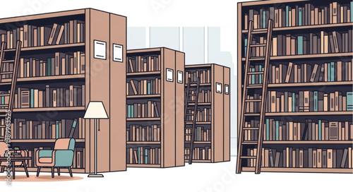 Library Interior With Bookshelves And Reading Area.