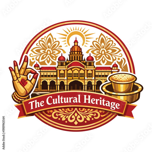 Ornate Cultural Heritage circular badge featuring sacred hand mudra gesture and historic palace architecture, intricate golden patterns for festival branding design vector art masterpiece