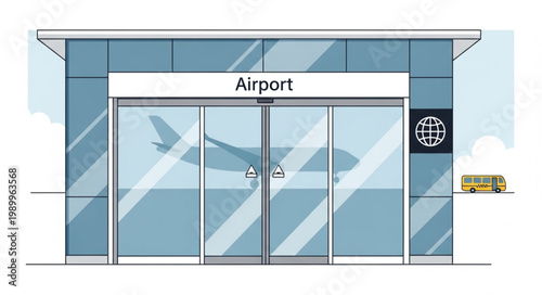 Modern Airport Building Entrance with Glass Doors and Airplane Silhouette.