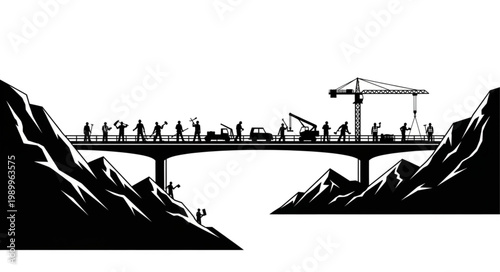 Bridge Construction Silhouette Connecting Mountains with Workers and Crane.