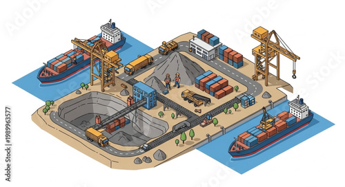 Isometric industrial port with cranes ships and containers.