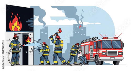 Firefighters battling a building fire with a fire truck and equipment.