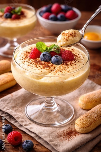 Zabaglione mit Beeren und Minze im Dessertglas
Cremiges italienisches Dessert mit Himbeeren, Heidelbeeren, Minze und Kakao in stilvoller Foodfotografie.