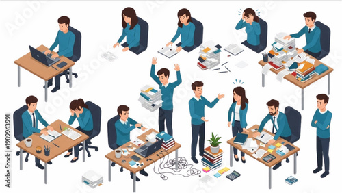 Isometric Messy Desk Overwhelm Process Vector Set – Human Reaction Activity Workflow Scene, Isolated White Background