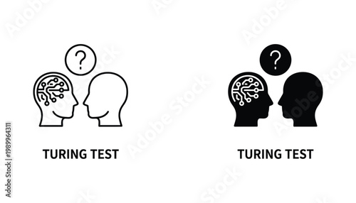 Turing test concept icon showing human brain and artificial intelligence interaction in both outline and solid black vector styles for tech and machine learning themes in modern graphic design