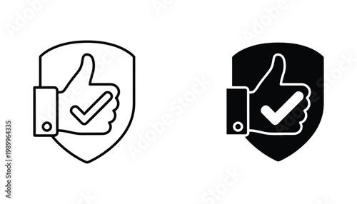 Secure protection shield with a positive thumbs up gesture and a confirming checkmark outline and solid icon