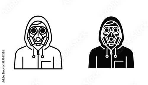 Anonymous person in a hooded sweatshirt wearing a protective gas mask outline and solid icon