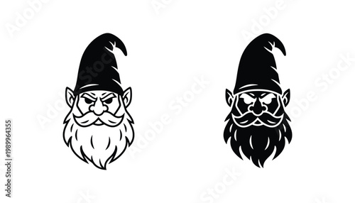 Grumpy garden gnome character head vector illustration with a pointy hat and a bushy beard