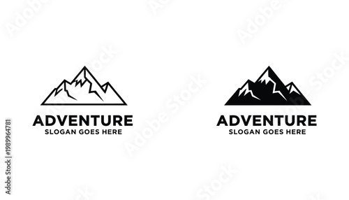 Adventure mountain peak landscape logo design with space for slogan in both outline and solid black vector styles for outdoor apparel and travel company branding in professional graphic design