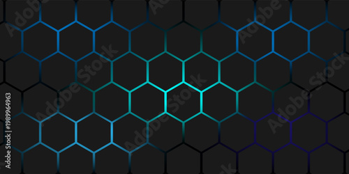Dark technology hexagonal vector abstract background. Green bright energy flashes under hexagon in dark technology futuristic modern background vector illustration. Gray honeycomb texture grid.