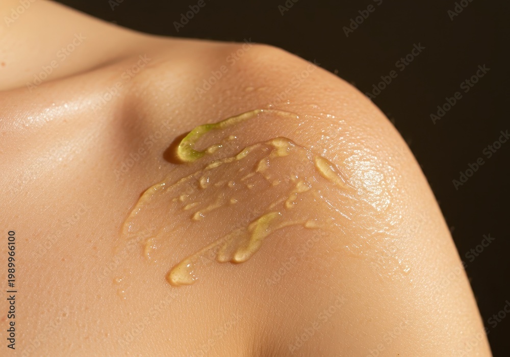 Fototapeta premium Close up view of irritated, sun-kissed skin being treated with a soothing layer of green aloe vera jelly following long exposure to harmful UV rays, UV rays, burning sensation, painful
