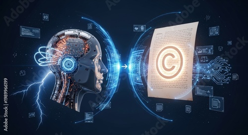 AI IP Law Concept: Robot Brain and Copyright Manuscript Representing the Boundary Between Human Authorship and Machine Analysis in a Minimalist Navy Blue Void