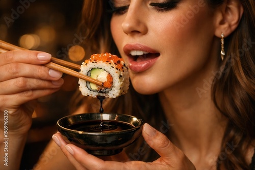 Frau genießt Sushi in stilvollem Ambiente
Elegante junge Frau hält California Roll mit Stäbchen über Sojasauce in warmer Abendstimmung.