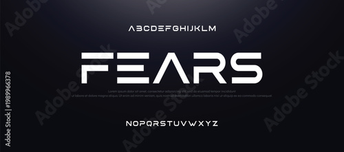 FEARS Tech font, digital modern alphabet, uppercase Latin letters from A to Z and Arab numbers from 0 to 9 for you designs, vector illustration 10EPS