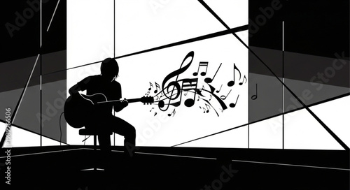 Musician Playing Guitar Silhouette with Musical Notes.