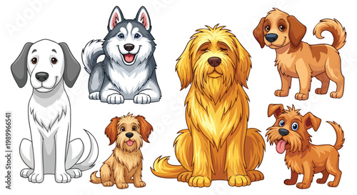 A cute group of domestic purebred pets including a small brown dachshund and white chihuahua puppies sitting isolated on a white background