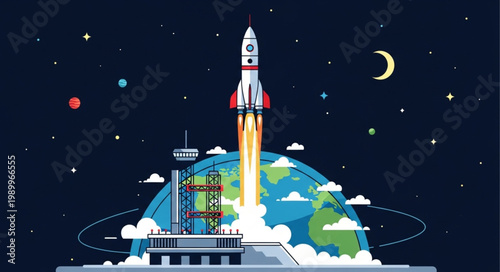 Rocket Launching into Space from Earth with Stars and Moon.