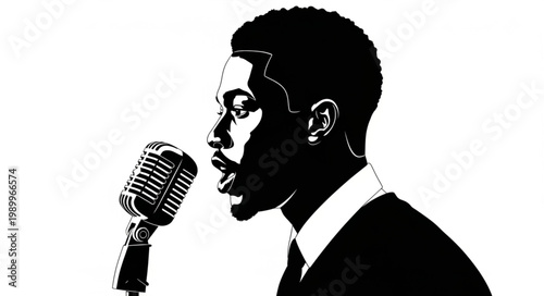 Canvas-taulu Man speaking into vintage microphone silhouette.