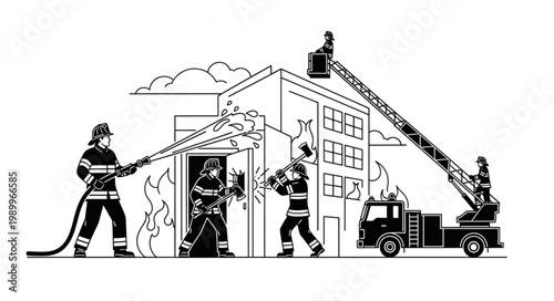 Firefighters Battling Blaze at Building with Ladder Truck.